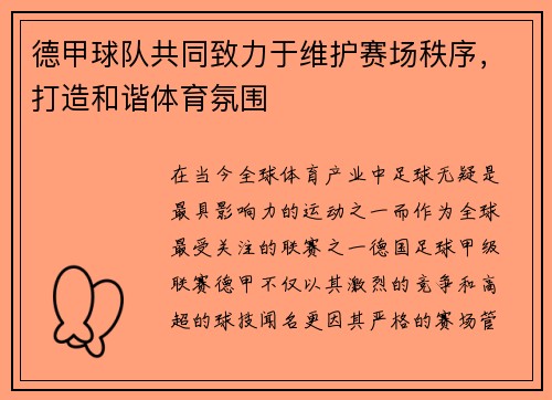德甲球队共同致力于维护赛场秩序，打造和谐体育氛围