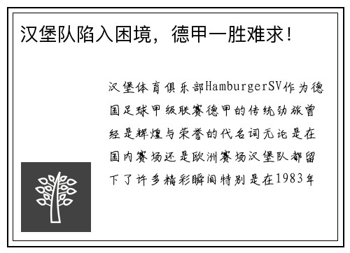 汉堡队陷入困境，德甲一胜难求！