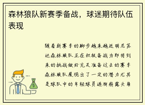 森林狼队新赛季备战，球迷期待队伍表现